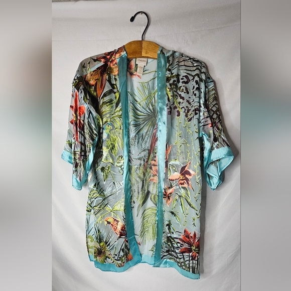 Chico's Tops - Chicos Tropical Parrot Ruana Multi-Colored Aqua Semi-Sheer Kimono Size S/M